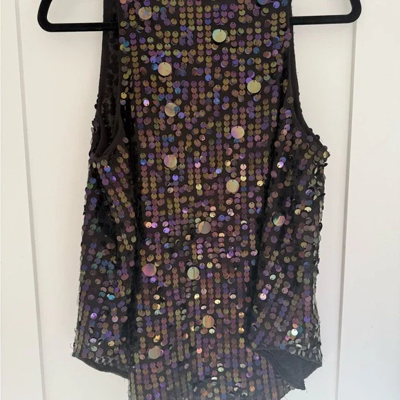Anthropologie Moulinette Soeurs Black Sequin Shimmer Sleeveless V-Neck Top Sz 6 - Picture 6 of 10